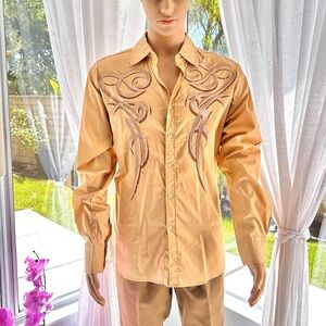 Platini Jeans Cougar Embroidered Beige Mens Western Shirt Size XL